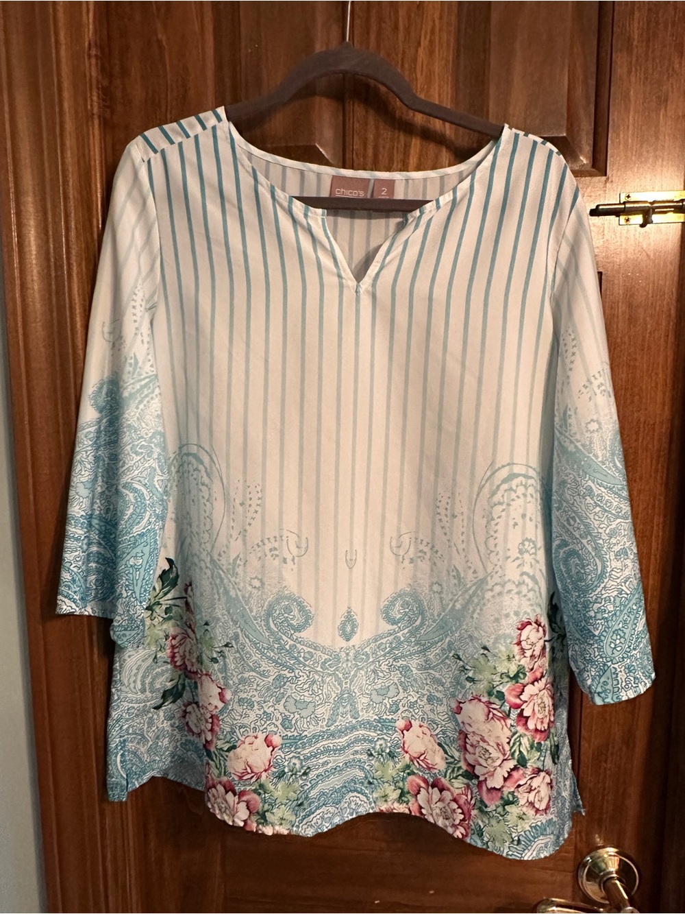 Chico's Floral Border Print Tunic Top in Aqua